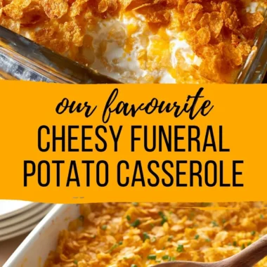 Funeral potatoes - cheesy potato casserole topped with golden corn flakes