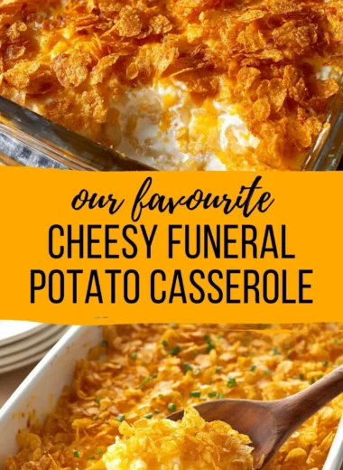 Funeral potatoes - cheesy potato casserole topped with golden corn flakes