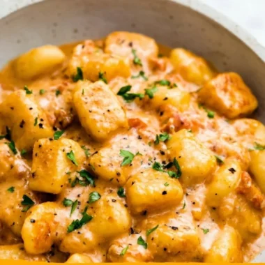 Delicious garlic butter gnocchi served in a bowl with herbs and cheese.