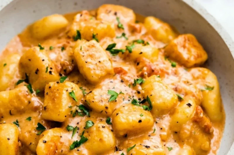 Delicious garlic butter gnocchi served in a bowl with herbs and cheese.
