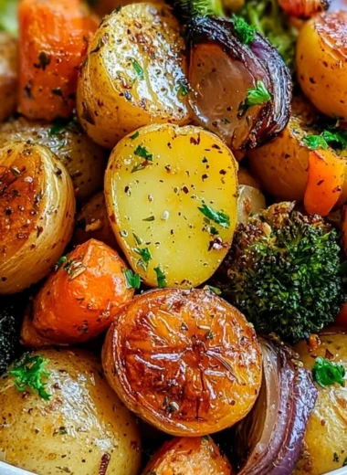 Dish of garlic herb roasted potatoes with colorful veggies on a plate