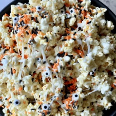 Colorful Halloween popcorn in spooky themed bowls for festive snacking