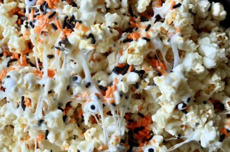 Colorful Halloween popcorn in spooky themed bowls for festive snacking