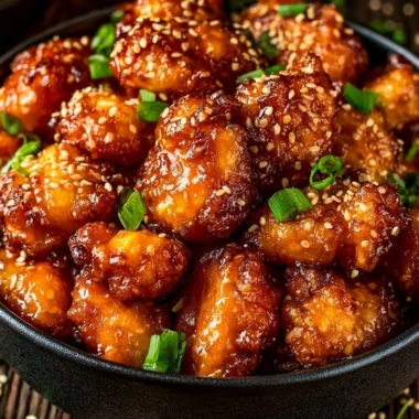 Delicious homemade orange chicken served on a plate with garnish.