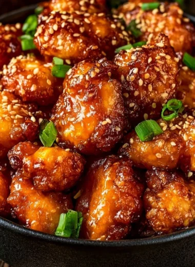 Delicious homemade orange chicken served on a plate with garnish.