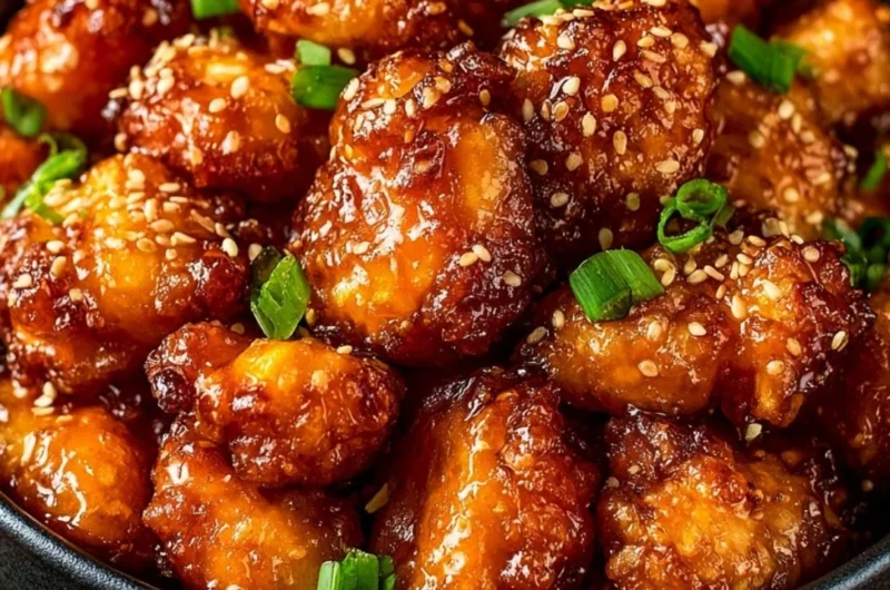 Delicious homemade orange chicken served on a plate with garnish.