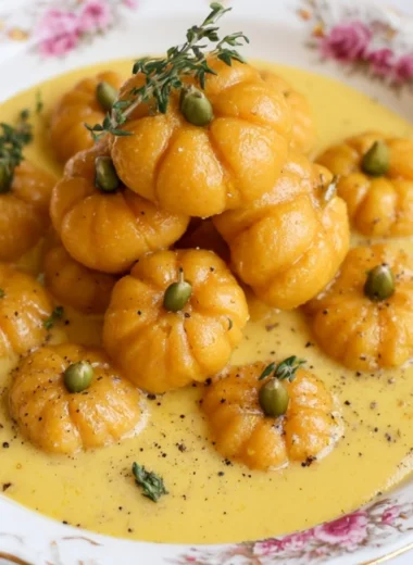 Homemade pumpkin gnocchi served with sage butter sauce