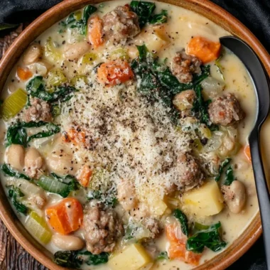 A bowl of Italian Sausage and White Bean Soup garnished with herbs