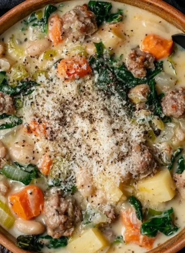 A bowl of Italian Sausage and White Bean Soup garnished with herbs