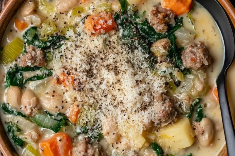 A bowl of Italian Sausage and White Bean Soup garnished with herbs