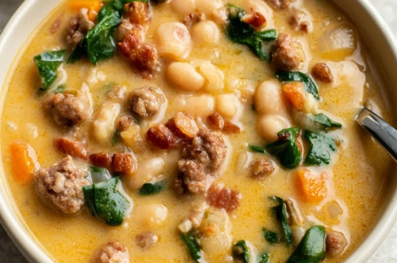 Bowl of delicious Italian sausage white bean soup topped with parsley.