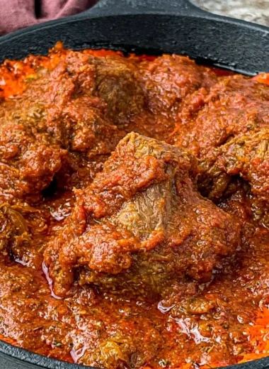 Delicious Nigerian beef stew simmered with spices and vegetables