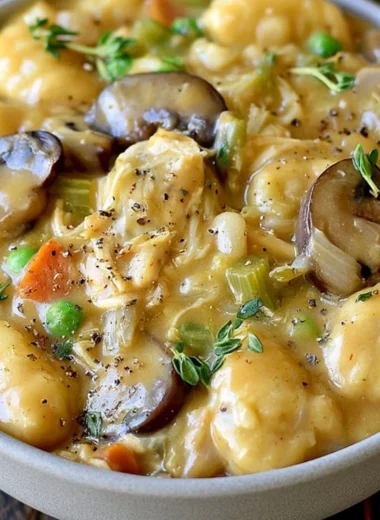 Delicious one pot gnocchi chicken pot pie ready to serve.
