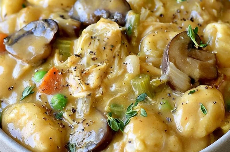 Delicious one pot gnocchi chicken pot pie ready to serve.