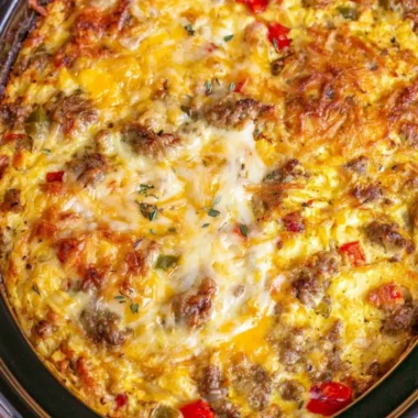 Delicious overnight crockpot breakfast casserole served in a dish