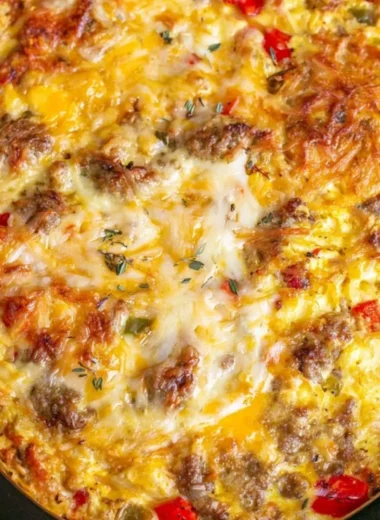 Delicious overnight crockpot breakfast casserole served in a dish