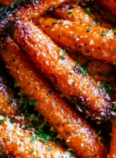 Oven-roasted carrots topped with Parmesan and garlic for a flavorful side dish.