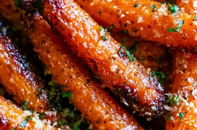 Oven-roasted carrots topped with Parmesan and garlic for a flavorful side dish.