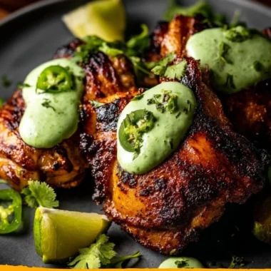 Delicious Peruvian grilled chicken served with creamy green sauce