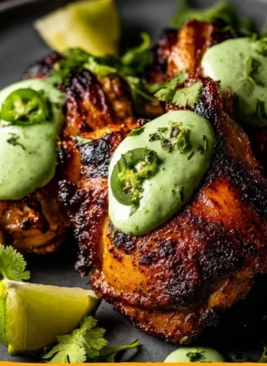 Delicious Peruvian grilled chicken served with creamy green sauce