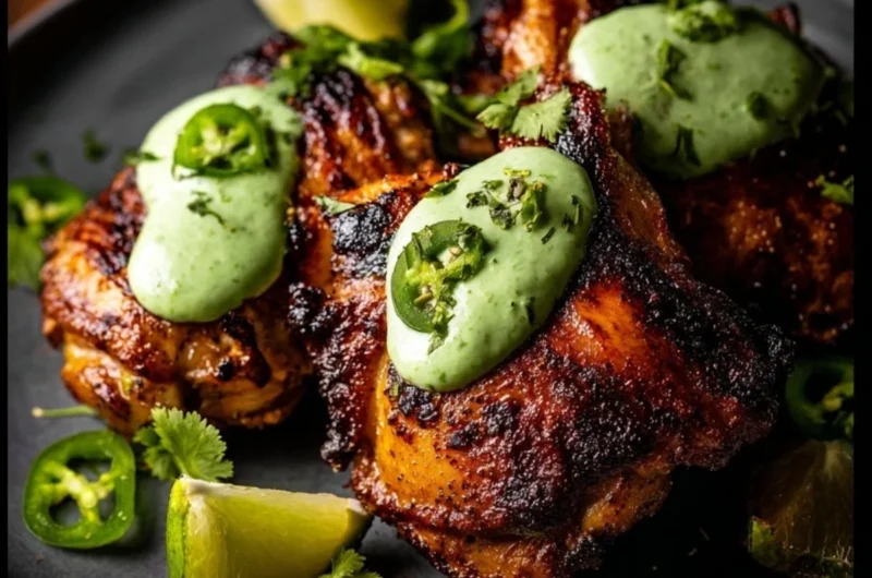 Delicious Peruvian grilled chicken served with creamy green sauce
