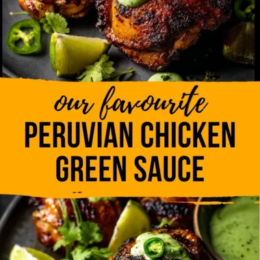 Delicious Peruvian grilled chicken served with creamy green sauce