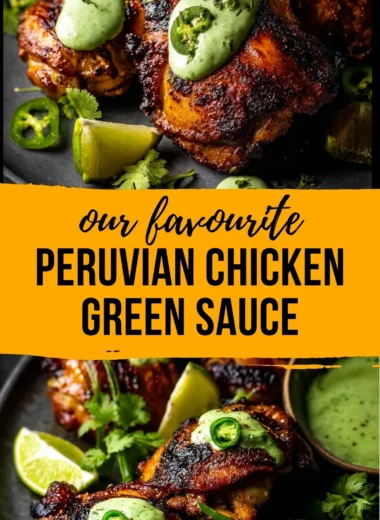 Delicious Peruvian grilled chicken served with creamy green sauce