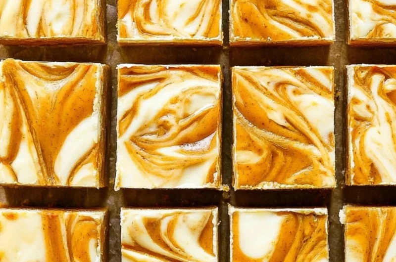 Delicious pumpkin cream cheese cheesecake bars topped with a sprinkle of cinnamon