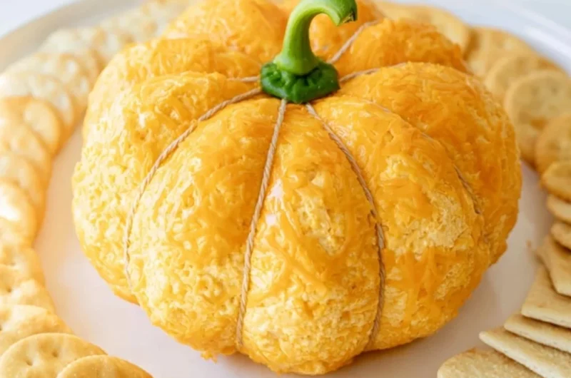 Pumpkin shaped cheese ball appetizer on a serving platter