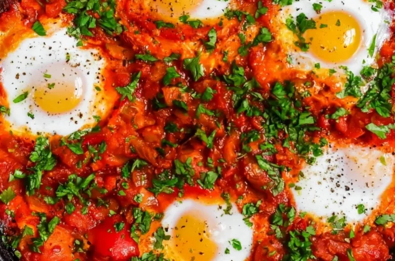 A vibrant serving of Shakshuka with poached eggs in a spicy tomato sauce.