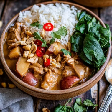Bowl of delicious Thai Massaman Curry with tender meat and spices