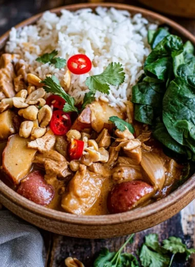 Bowl of delicious Thai Massaman Curry with tender meat and spices