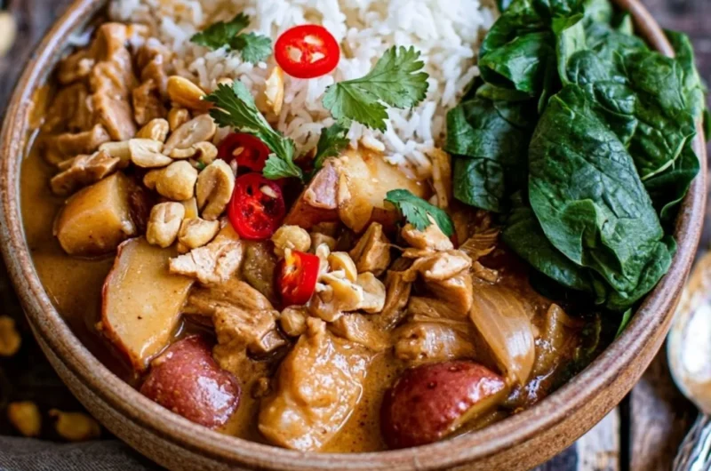 Bowl of delicious Thai Massaman Curry with tender meat and spices