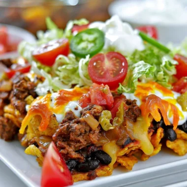 Walking Taco Casserole with toppings and tortilla chips served in a bowl.