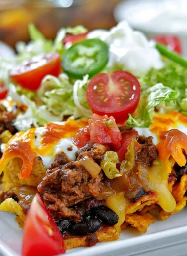 Walking Taco Casserole with toppings and tortilla chips served in a bowl.