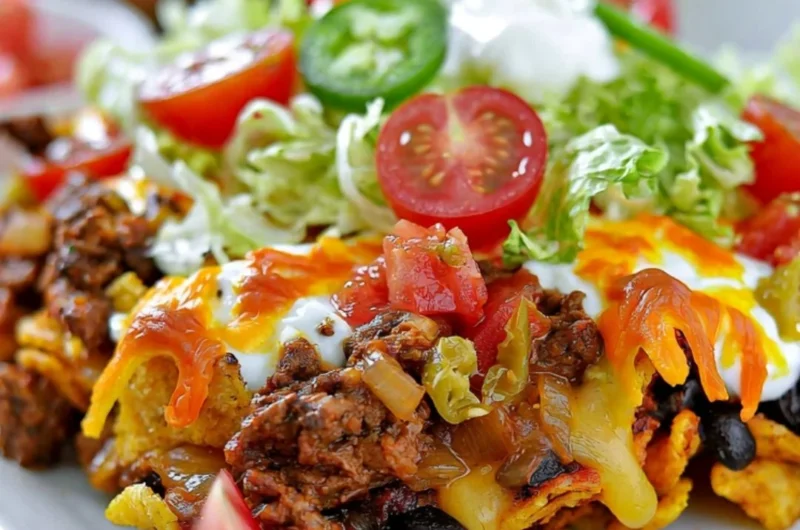 Walking Taco Casserole with toppings and tortilla chips served in a bowl.