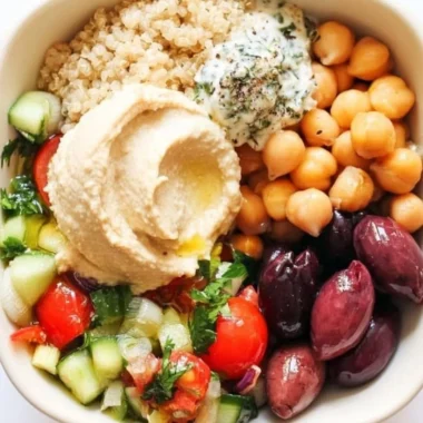 Colorful and healthy 5-Minute Mediterranean Bowl with fresh vegetables and grains