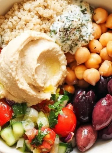 Colorful and healthy 5-Minute Mediterranean Bowl with fresh vegetables and grains