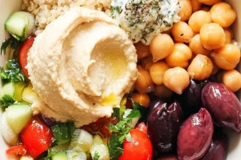Colorful and healthy 5-Minute Mediterranean Bowl with fresh vegetables and grains