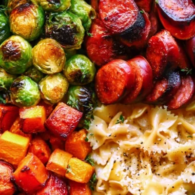 Delicious autumn dinner featuring sausage, pasta, Brussels sprouts, and butternut squash
