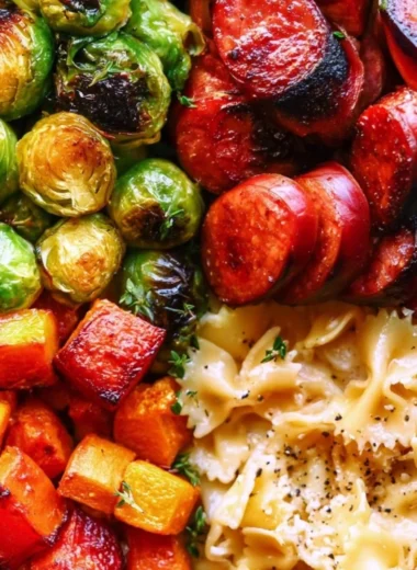 Delicious autumn dinner featuring sausage, pasta, Brussels sprouts, and butternut squash