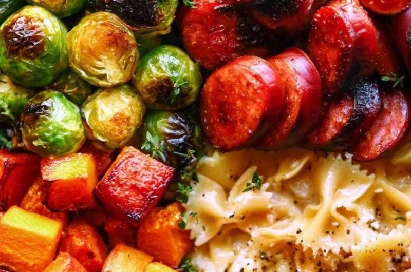 Delicious autumn dinner featuring sausage, pasta, Brussels sprouts, and butternut squash
