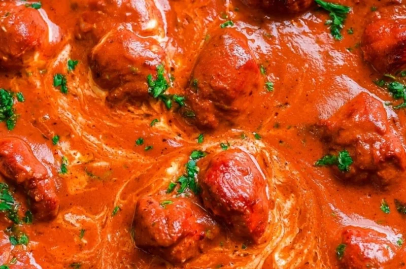 Delicious bowl of chicken tikka masala served with rice and naan bread