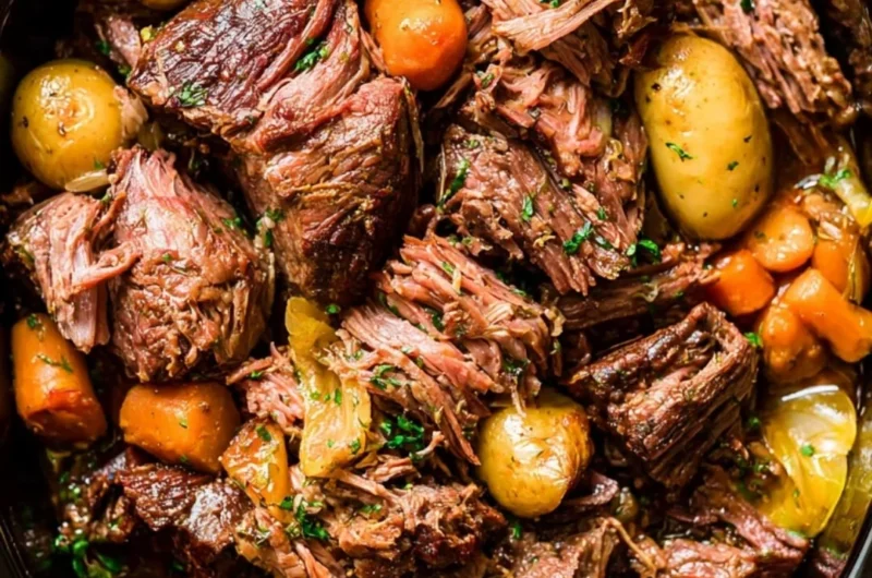 Tender chuck roast simmered in a crock pot for comforting home-cooked meals.