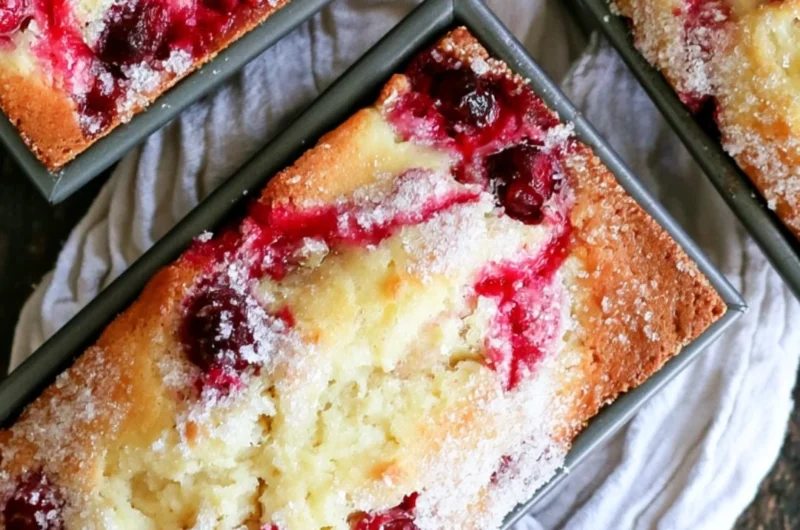 Loaf of cozy cranberry quick bread with fresh cranberries on a wooden table.