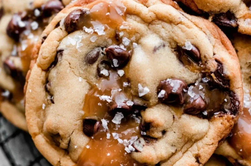 Freshly baked salted caramel chocolate chip cookies on a cooling rack