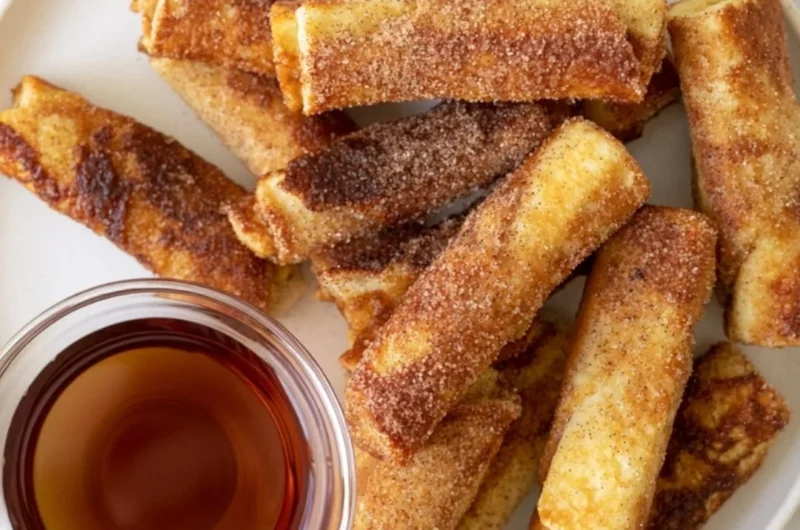 Delicious French Toast Roll-Ups served with syrup and powdered sugar.