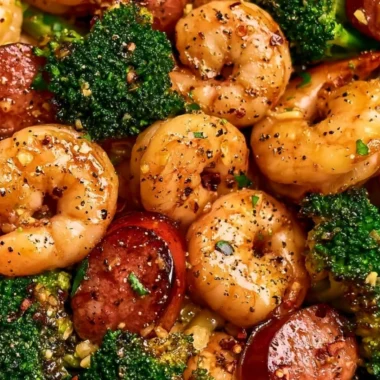 Honey Garlic Shrimp and Chicken Sausage with Broccoli dish
