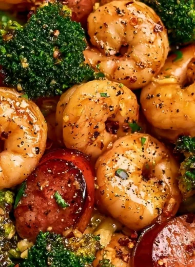 Honey Garlic Shrimp and Chicken Sausage with Broccoli dish