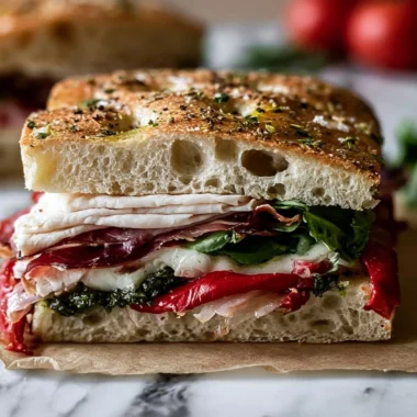 Delicious Italian Turkey Focaccia sandwich with fresh ingredients
